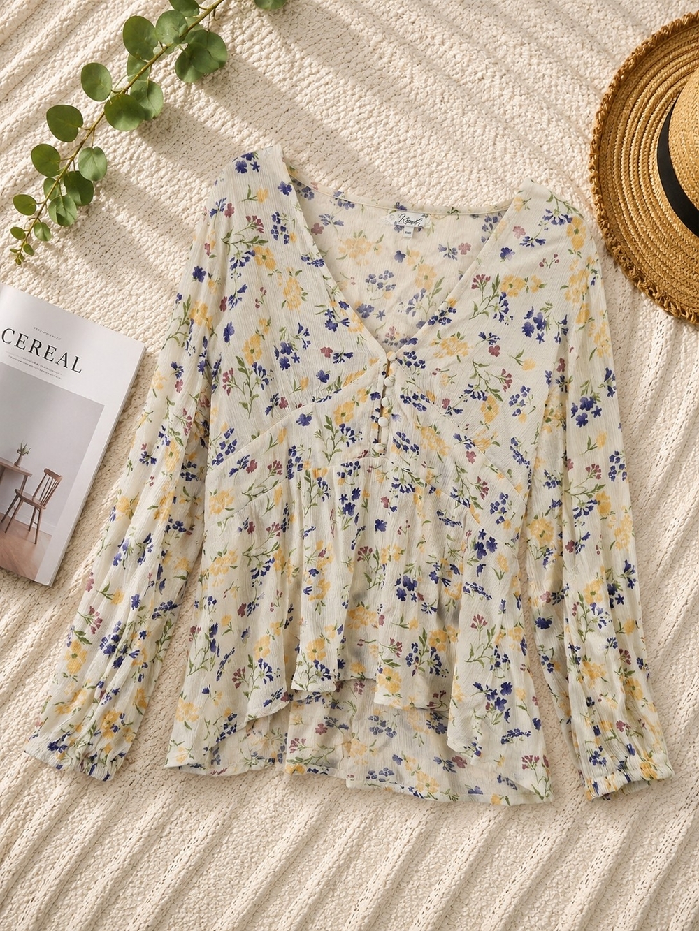 Floral V-Neck Peasant Blouse - Yellow & Blue